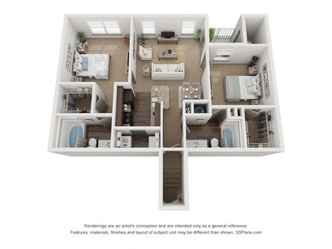 Floor plan for 2 beds, 2 baths, 1073 sqft